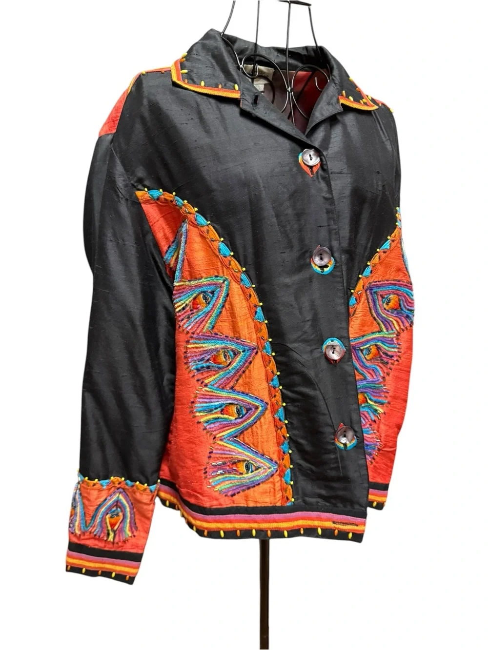 Sandy Starkman Silk Embroidered Black Jacket with Vibrant Orange Panels XL - Picture 2 of 8